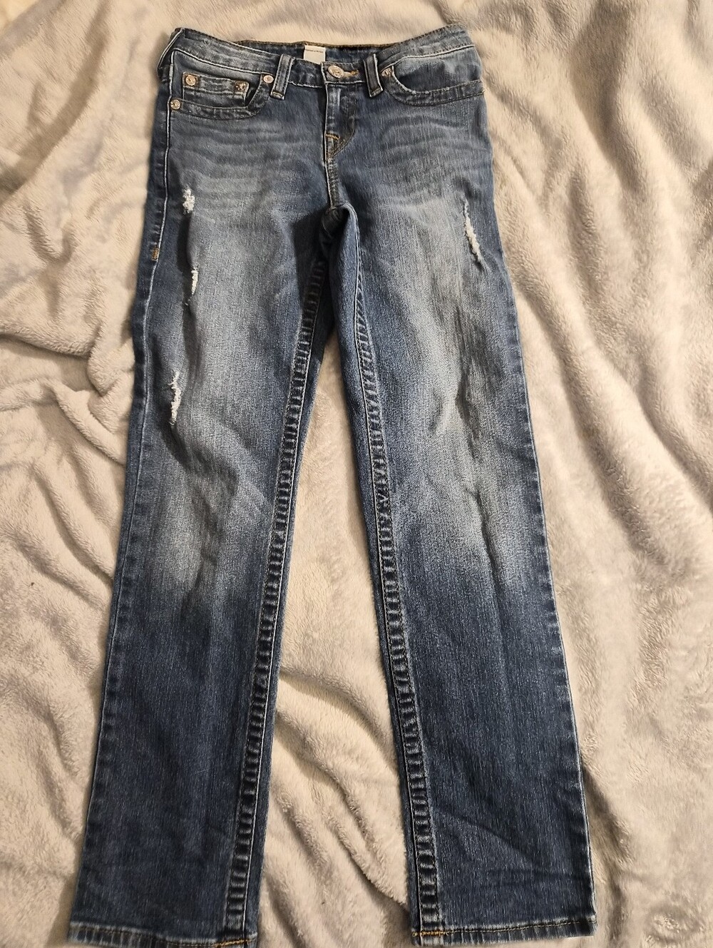 True Religion Slim Straight Jeans Kids Youth 14 Distressed Gold Horseshoe 26x26